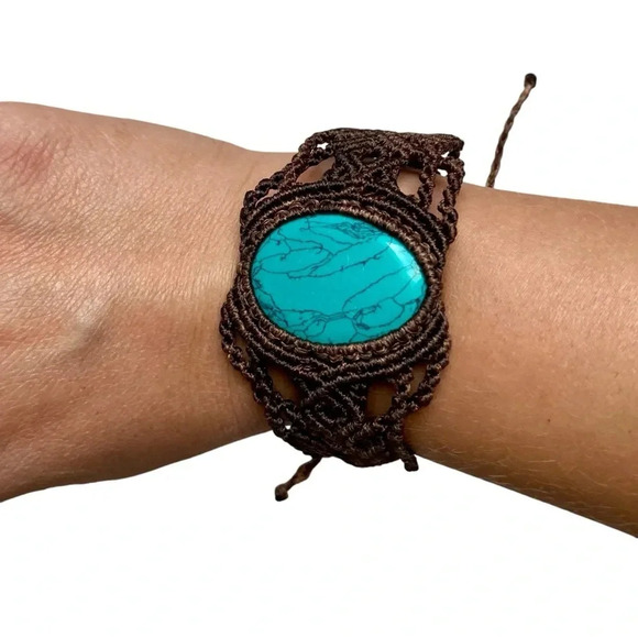 ZAD Woven Bracelet Brown Turquoise Gemstone Boho Chic Adjustable NWT Festival - Picture 1 of 8